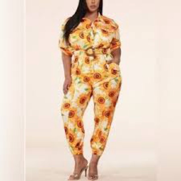 L'ATISTE Pants - L’Atiste Sunflower Satin Jumpsuit Short Sleeve Jogger Oversized Size S Small
